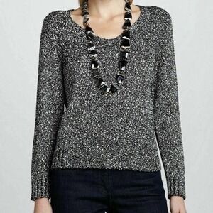 EILEEN FISHER Textured Knit Sweater Sz S Black White V Neck 100% Cotton Marled
